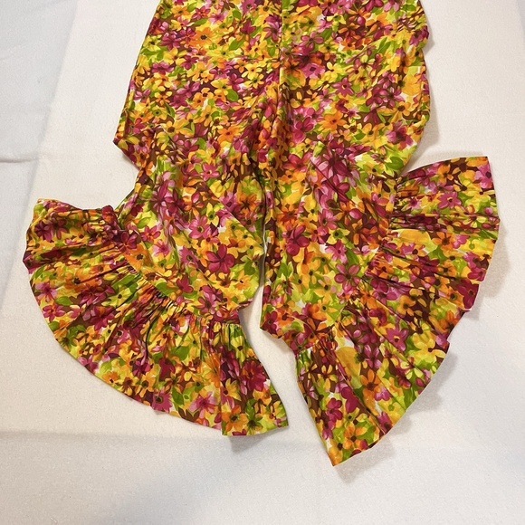 Vintage 60s 70s Psychedelic Mod Bell Bottom Jumpsuit Floral Pink Red Yellow - Picture 12 of 15